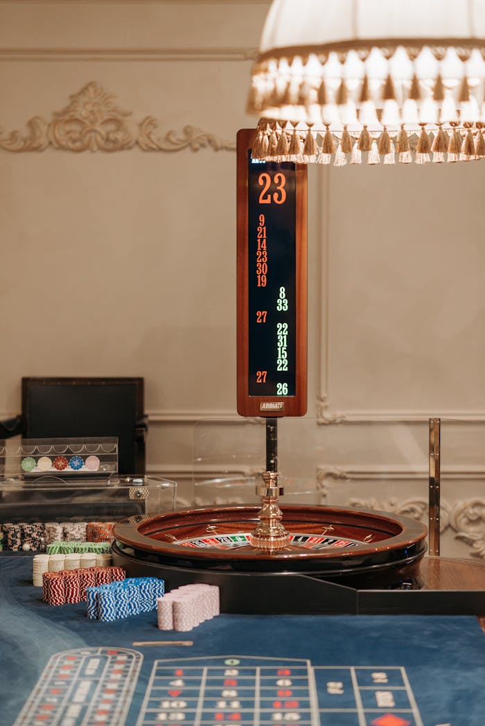 testimonial-image Elegant casino setup featuring a roulette wheel, colorful chips, and a scoreboard.